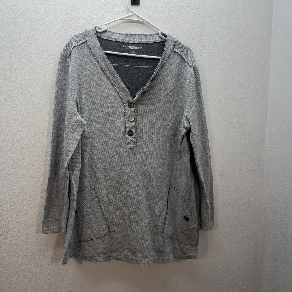 Soft Surroundings Womens Grey Thermal Waffle Knit Henley Tunic Top SZ XL V Neck